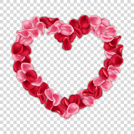 Heart-shaped frame made of red and pink rose petals on transparent background. Valentines Day card templateのイラスト素材