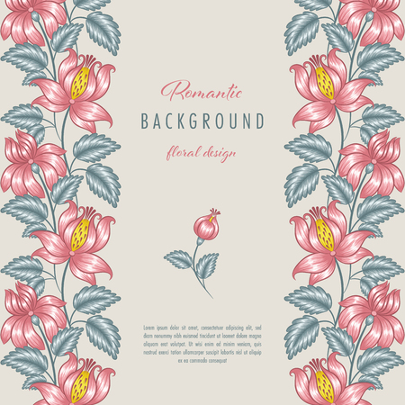 Romantic floral background with stylized flowers. Greeting card or invitation templateのイラスト素材