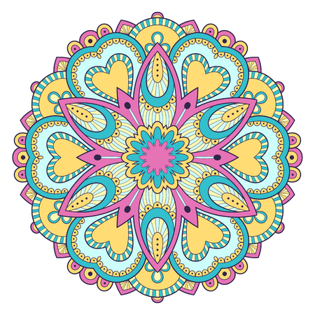 Decorative colorful ethnic mandala pattern. Design element for greeting card, banner or poster in oriental style. Hand drawn illustrationのイラスト素材