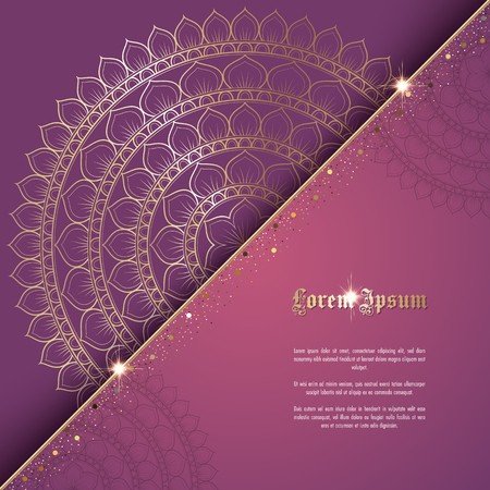 Greeting card or invitation template with golden ornament and confetti. Design for any purposes: wedding, birthday, anniversary or christmasのイラスト素材