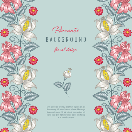 Romantic floral background with stylized flowers. Greeting card or invitation templateのイラスト素材