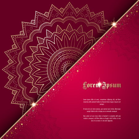 Greeting card or invitation template with golden ornament and confetti. Design for any purposes: wedding, birthday, anniversary or christmasのイラスト素材