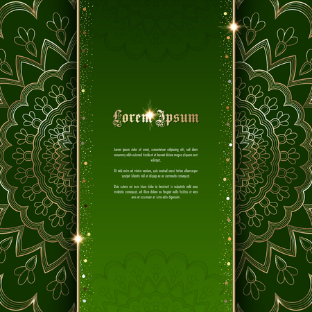 Greeting card or invitation template with golden ornament and confetti. Design for any purposes: wedding, birthday, anniversary or christmasのイラスト素材