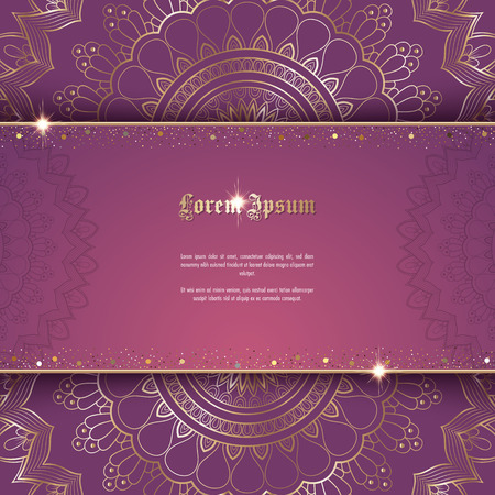 Greeting card or invitation template with golden ornament and confetti. Design for any purposes: wedding, birthday, anniversary or christmasのイラスト素材