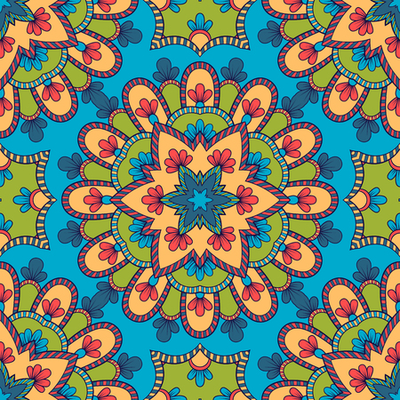 Decorative colorful ethnic seamless pattern for fabric or wrapping in oriental style. Hand drawn illustrationのイラスト素材