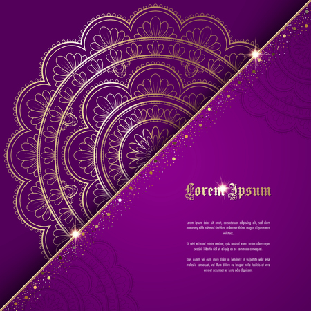 Greeting card or invitation template with golden ornament and confetti. Design for any purposes: wedding, birthday, anniversary or christmasのイラスト素材
