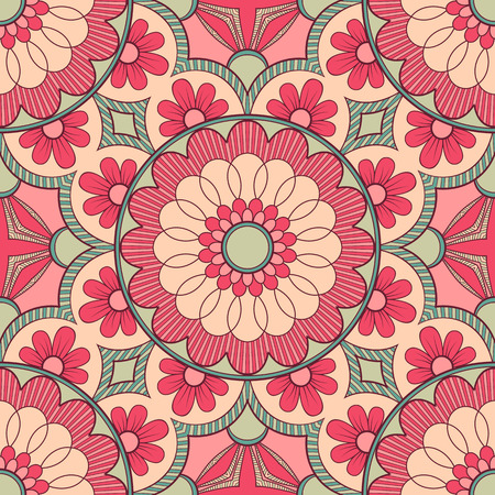 Decorative colorful ethnic seamless pattern for fabric or wrapping in oriental style. Hand drawn illustrationのイラスト素材