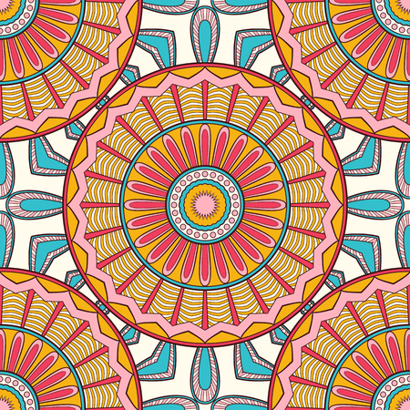 Decorative colorful ethnic seamless pattern for fabric or wrapping in oriental style. Hand drawn illustrationのイラスト素材
