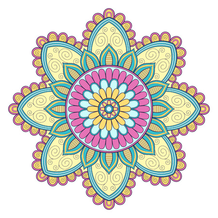 Decorative colorful ethnic mandala pattern. Design element for greeting card, banner or poster in oriental style. Hand drawn illustrationのイラスト素材