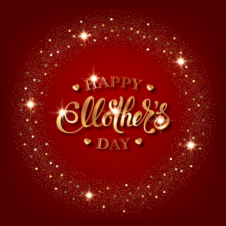 Mothers day greeting card. Handwritten message on red background with golden confettiのイラスト素材