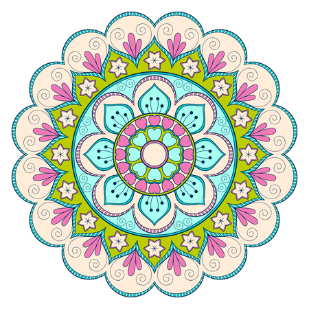 Decorative colorful ethnic mandala pattern. Design element for greeting card, banner or poster in oriental style. Hand drawn illustrationのイラスト素材