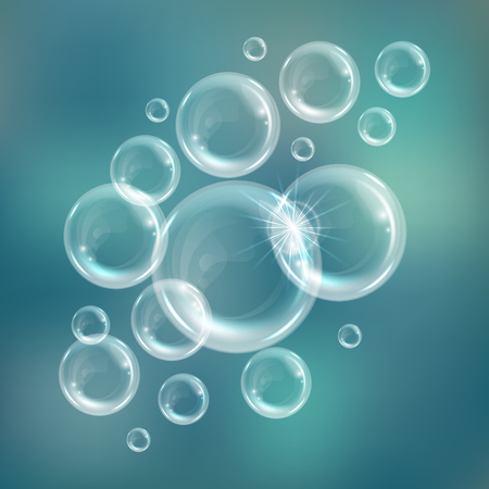 Realistic transparent floating soap bubbles. Design element for advertising booklet, flyer or posterのイラスト素材