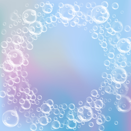 Realistic transparent floating soap bubbles. Design element for advertising booklet, flyer or posterのイラスト素材