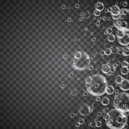 Realistic floating soap bubbles on transparent background. Design element for advertising booklet, flyer or posterのイラスト素材