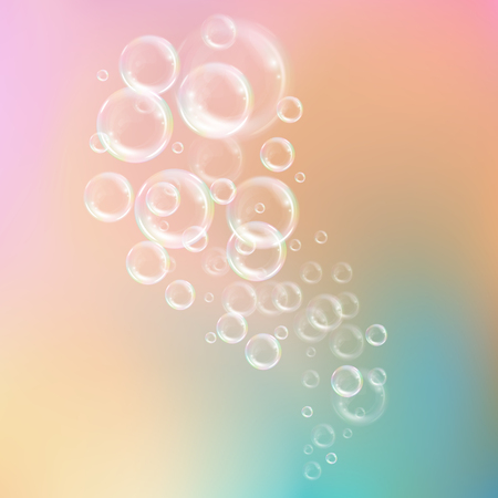 Realistic transparent floating soap bubbles with rainbow reflection. Design element for advertising booklet, flyer or posterのイラスト素材