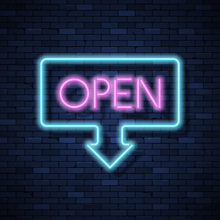 Open glowing neon sign on brick wall backgroundのイラスト素材