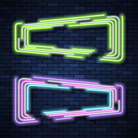 Set of glowing neon frames on brick wall backgroundのイラスト素材