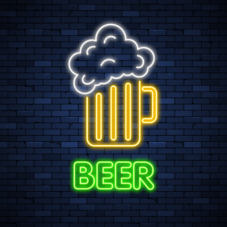 Beer glowing neon sign on brick wall backgroundのイラスト素材