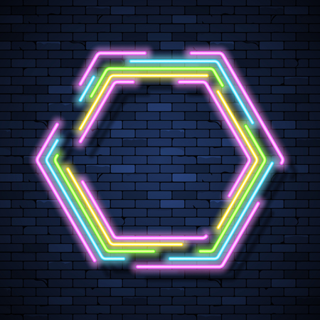 Glowing neon frame on brick wall backgroundのイラスト素材