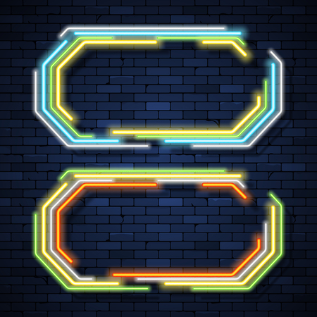 Set of glowing neon frames on brick wall backgroundのイラスト素材