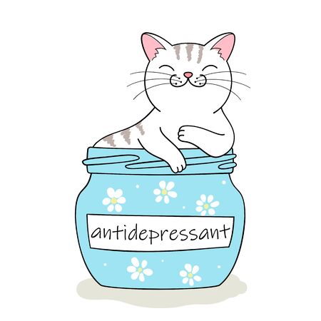 Furry antidepressant. Cute cartoon cat sitting in pill bottle. Hand drawn illustrationのイラスト素材