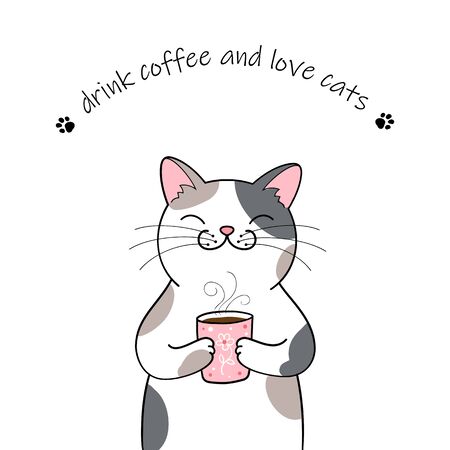 Cute cartoon cat holding a cup of coffee. Hand drawn illustrationのイラスト素材