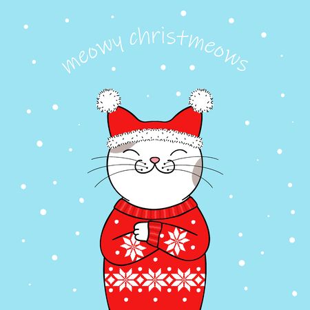 Christmas greeting card. Cute cartoon cat wearing a Santa Claus hat and knitted sweater. Hand drawn illustrationのイラスト素材