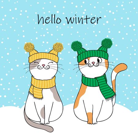 Hello winter. Couple of cute cartoon cats wearing a knitted hat and scarf. Hand drawn illustrationのイラスト素材