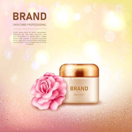 Realistic cream jar with golden lid and pink rose on bokeh glitter background. Cosmetic brand advertising concept designのイラスト素材