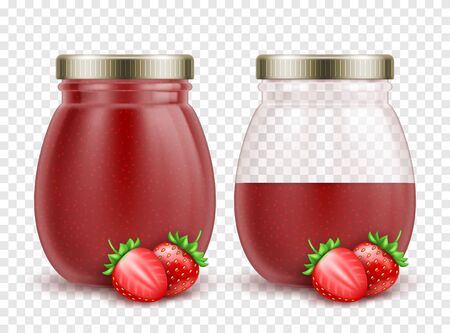 3d realistic full and half empty strawberry jam jars with fresh strawberries on transparent backgroundのイラスト素材