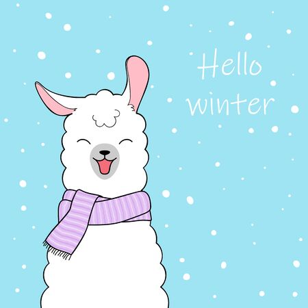 Hello winter. Cute cartoon llama wearing knitted scarf. Hand drawn illustrationのイラスト素材