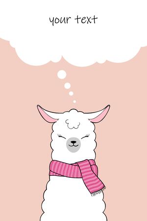 Cute cartoon llama wearing knitted scarf. Greeting card or invitation template with place for text. Hand drawn illustrationのイラスト素材