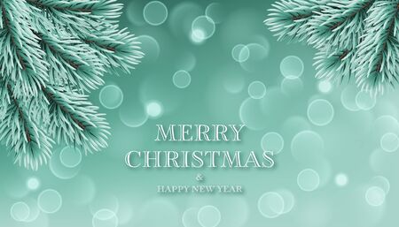 Winter background with realistic Christmas tree branches and bokeh lights. Greeting card or invitation templateのイラスト素材