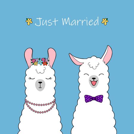 Just married. Couple of cute cartoon llamas. Hand drawn illustrationのイラスト素材