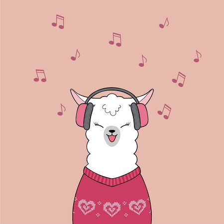 Cute cartoon llama wearing headphones and listening music. Hand drawn illustrationのイラスト素材