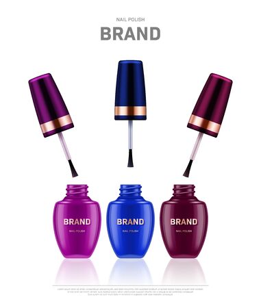 Realistic open nail polish bottles with golden lids on white background. Cosmetic brand advertising concept designのイラスト素材