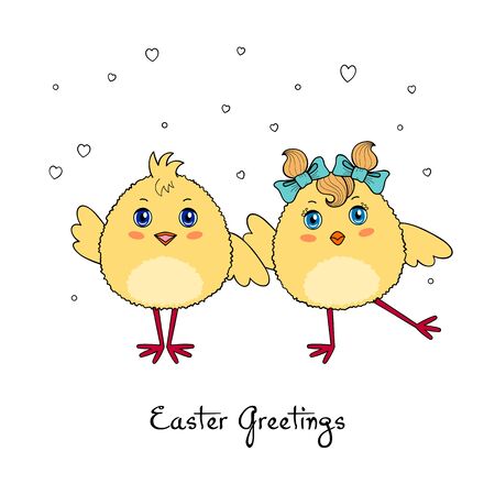 Couple of cute chicken characters isolated on white background. Easter greeting card or invitation templateのイラスト素材