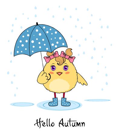 Hello autumn. Cute chicken character in boots holding an umbrellaのイラスト素材