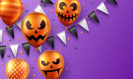 Halloween background with scary air balloons and flag garlands. Greeting card, party invitation or sale banner templateのイラスト素材