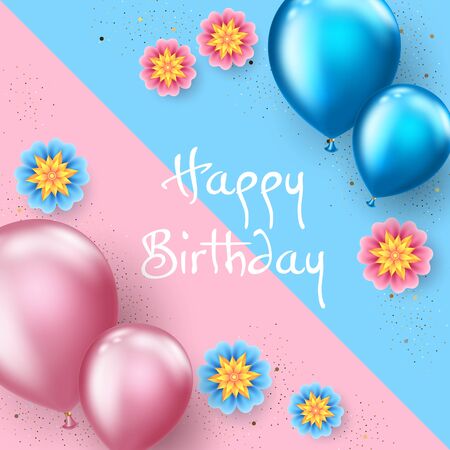 Background with flowers and colorful floating balloons. Greeting card or party invitation templateのイラスト素材