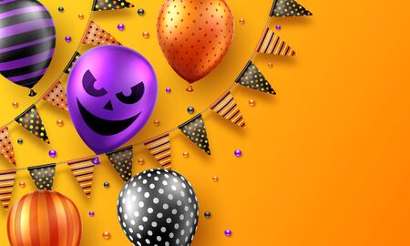 Halloween background with scary air balloons and flag garlands. Greeting card, party invitation or sale banner templateのイラスト素材