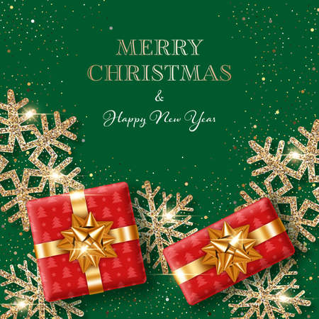 Christmas background with shiny snowflakes made of golden confetti and gift boxes. Design element for greeting card, party invitation or bannerのイラスト素材