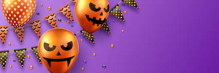 Halloween background with scary air balloons and flag garlands. Greeting card, party invitation or sale banner templateのイラスト素材