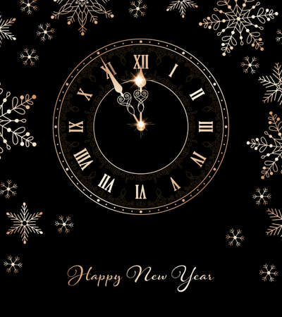 Black clock face with golden numbers and sparkling hands on black background with snowflakes. Design element for New Year greeting card or party invitationのイラスト素材