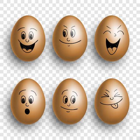 Set of realistic eggs with funny faces isolated on transparent background. Design element for Easter greeting card, invitation or posterのイラスト素材