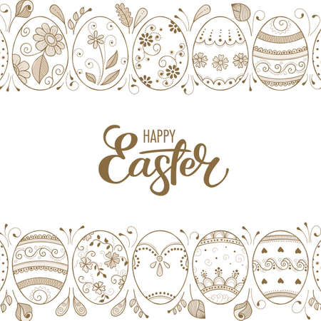 Frame of hand drawn easter eggs and flowers on white background. Greeting card or invitation templateのイラスト素材