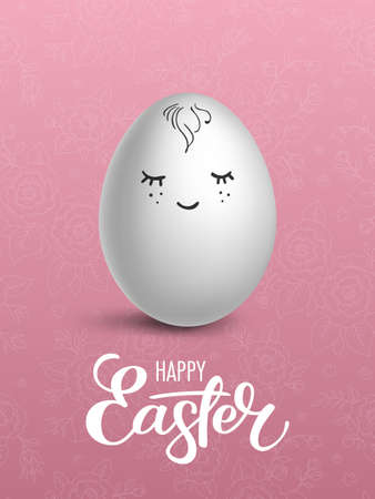 Realistic egg with funny face on floral pink background. Easter greeting card or invitation templateのイラスト素材