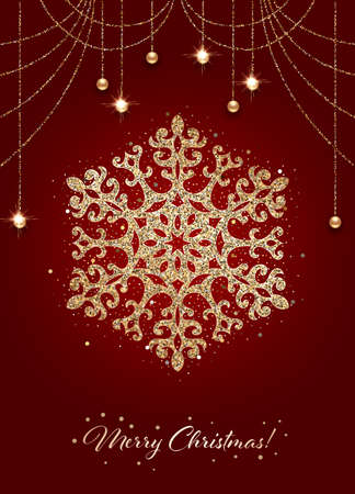 Sparkling stylized golden snowflake on dark red background. Design element for greeting card, invitation or posterのイラスト素材