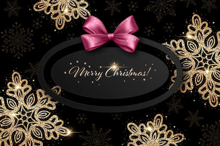 Christmas black background with sparkling golden snowflakes and pink satin bow. Design element for greeting card, invitation or posterのイラスト素材