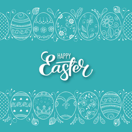 Frame of hand drawn easter eggs and flowers on light turquoise background. Greeting card or invitation templateのイラスト素材